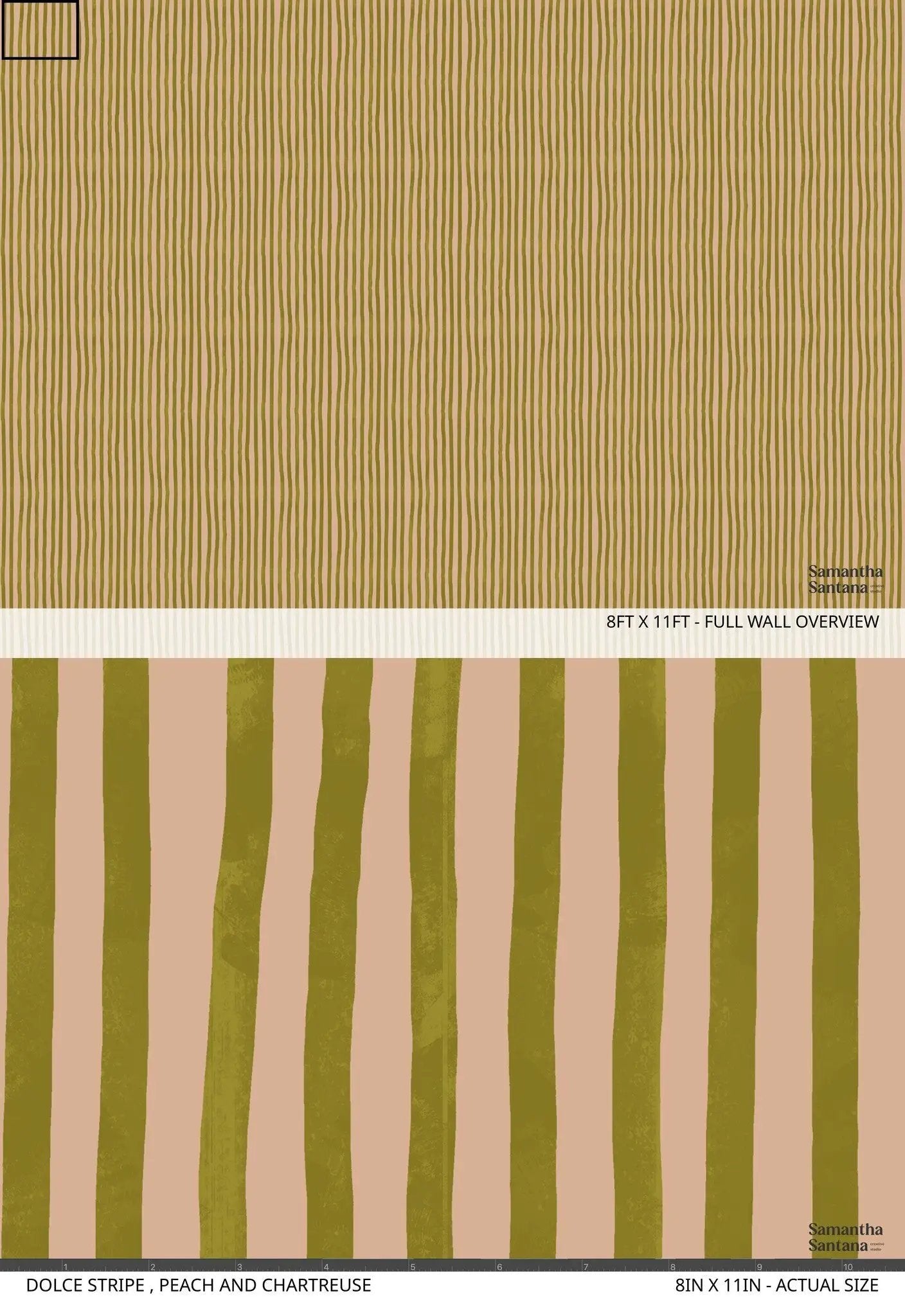Dolce Stripe Wallpaper peach and chartreuse with vertical stripes Samantha Santana Creative on Tampa Home & Garden Store