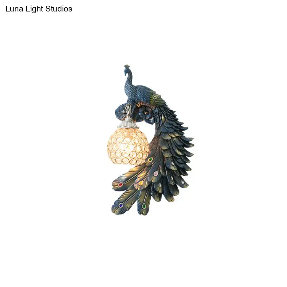 Blue crystal dome wall sconce with resin peacock figure and lattice globe light Decorbites on Tampa Home & Garden Store