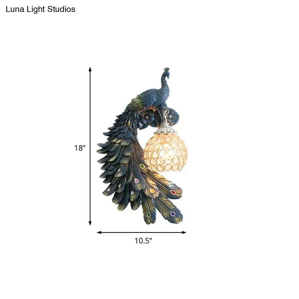 Blue crystal dome peacock resin wall sconce with hanging lamp by Decorbites on Tampa Home & Garden Store
