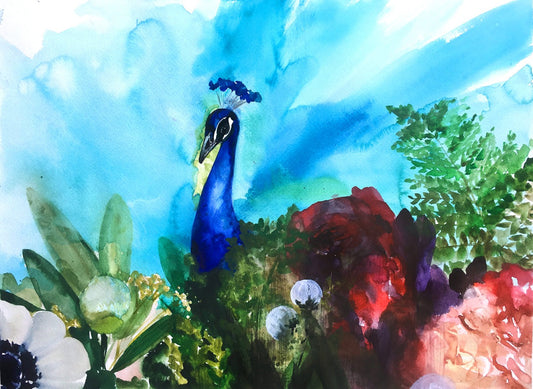 Peacock Garden II Art Print – Vibrant Exotic Bird & Floral Wall Décor, Archival Quality, Ready to Hang - Tampa Home & Garden Store