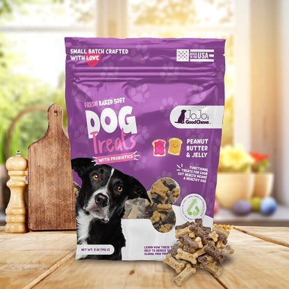 Golosinas masticables suaves para perros JoJo Good Chews de mantequilla de cacahuete y mermelada (paquete de 2)