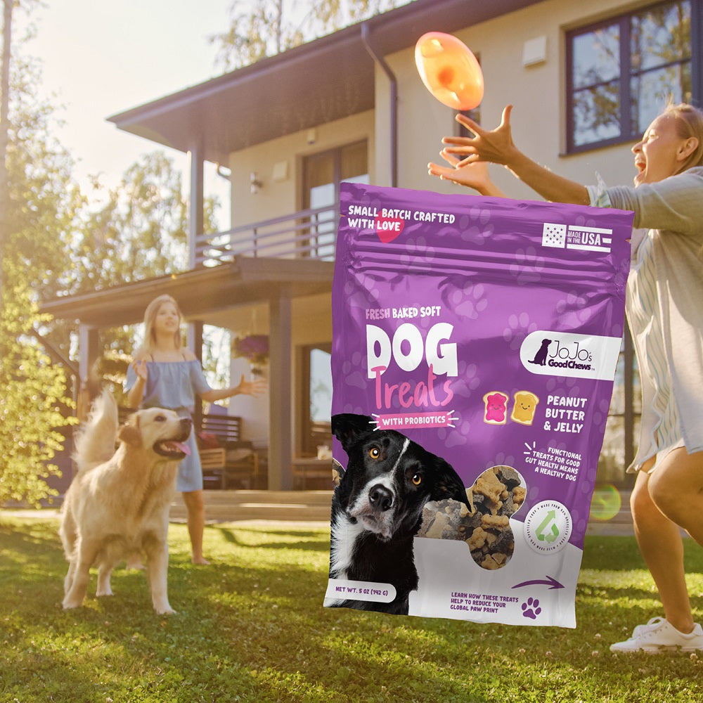 Golosinas masticables suaves para perros JoJo Good Chews de mantequilla de cacahuete y mermelada (paquete de 2)
