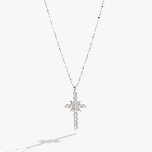 Divine Guides Cross Pendant Necklace by Alex and Ani, silver-tone chain with pearl pendant on Tampa Home & Garden Store