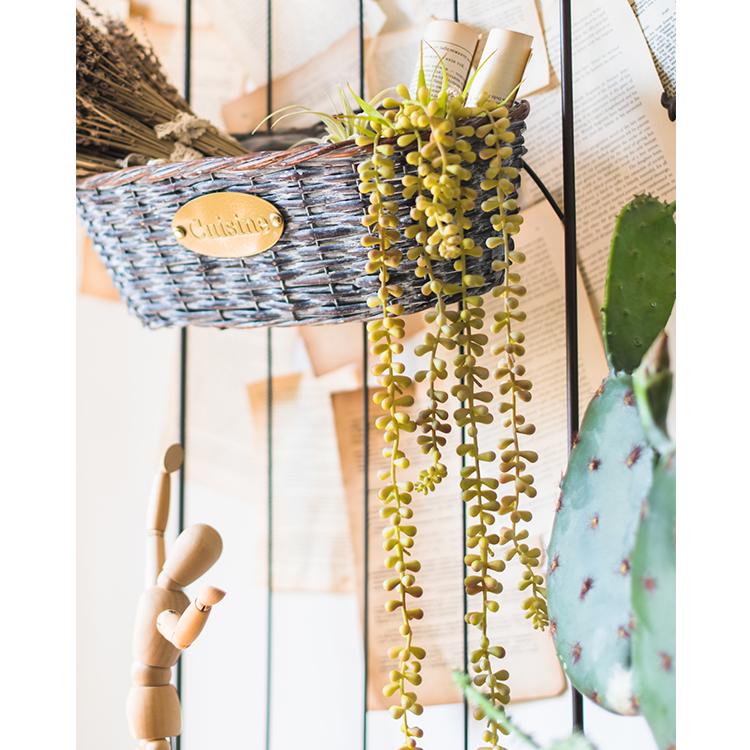 Pearl Hanging Succulent Stem 26in, RusticReach, yellow-green bead leaves in woven basket on Tampa Home & Garden Store