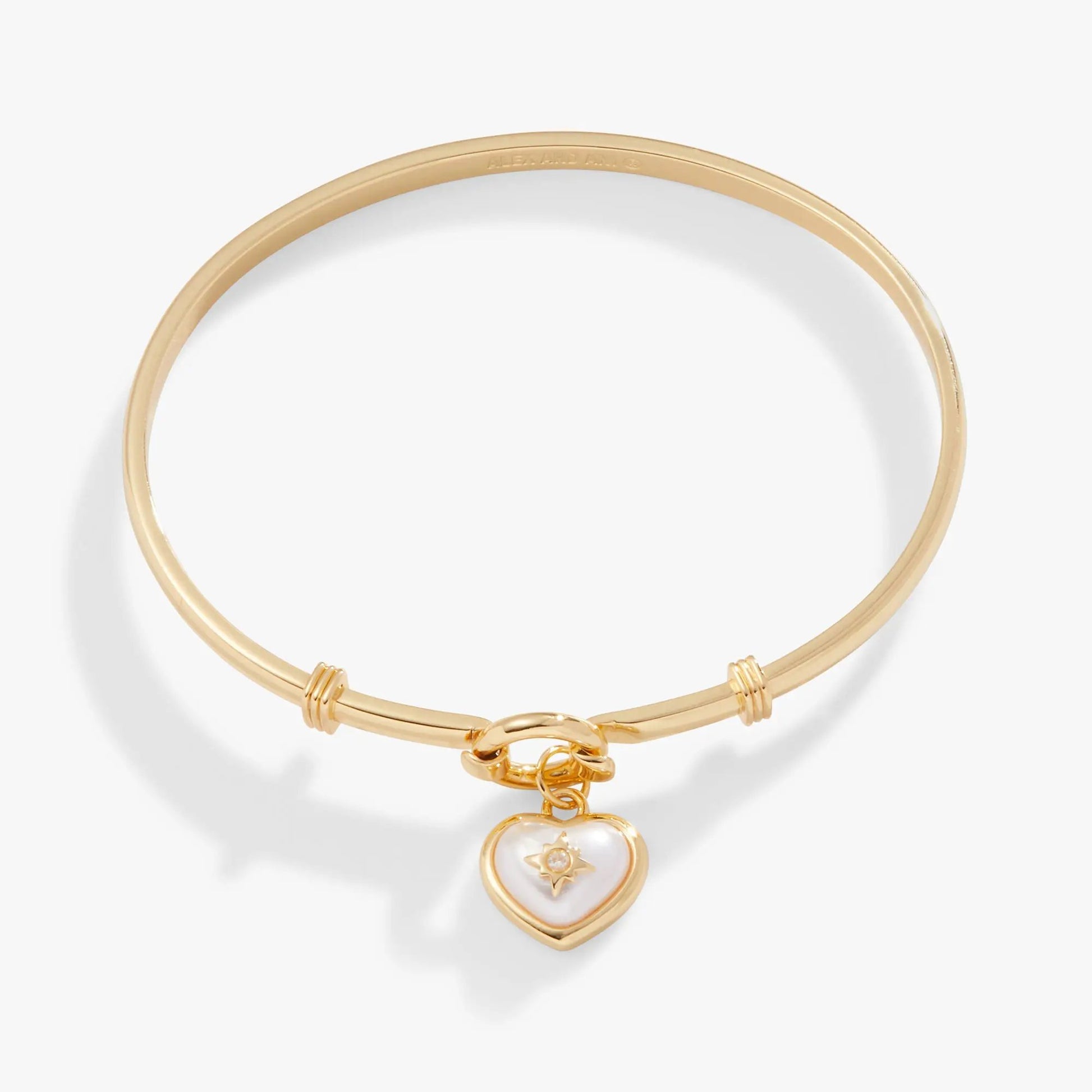 ALEX AND ANI gold-tone Pearl Heart Crystal Charm Clip Bangle with pearl heart charm on Tampa Home & Garden Store
