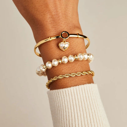 Bracelet Pearl Heart + Crystal Charm Clip Bangle by ALEX AND ANI in gold-tone with pearl heart charm on Tampa Home & Garden Store