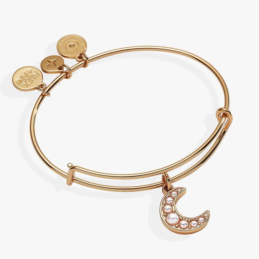 Pearl Moon Bangle bracelet in rose gold with pearl-studded crescent charm by ALEX AND ANI on Tampa Home & Garden Store