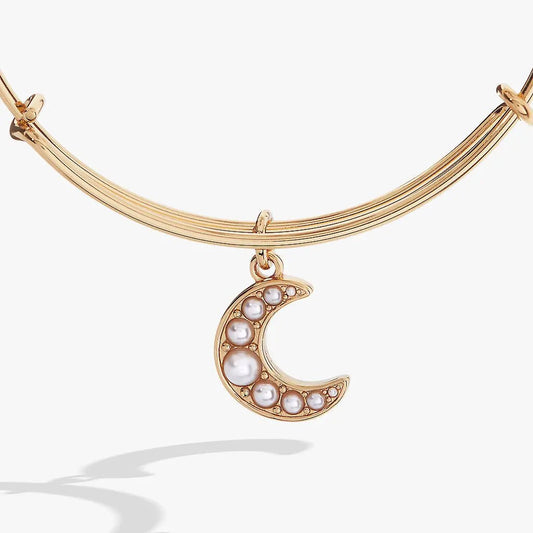 Pearl Moon Bangle bracelet by ALEX AND ANI in gold-tone with pearl crescent moon charm on Tampa Home & Garden Store