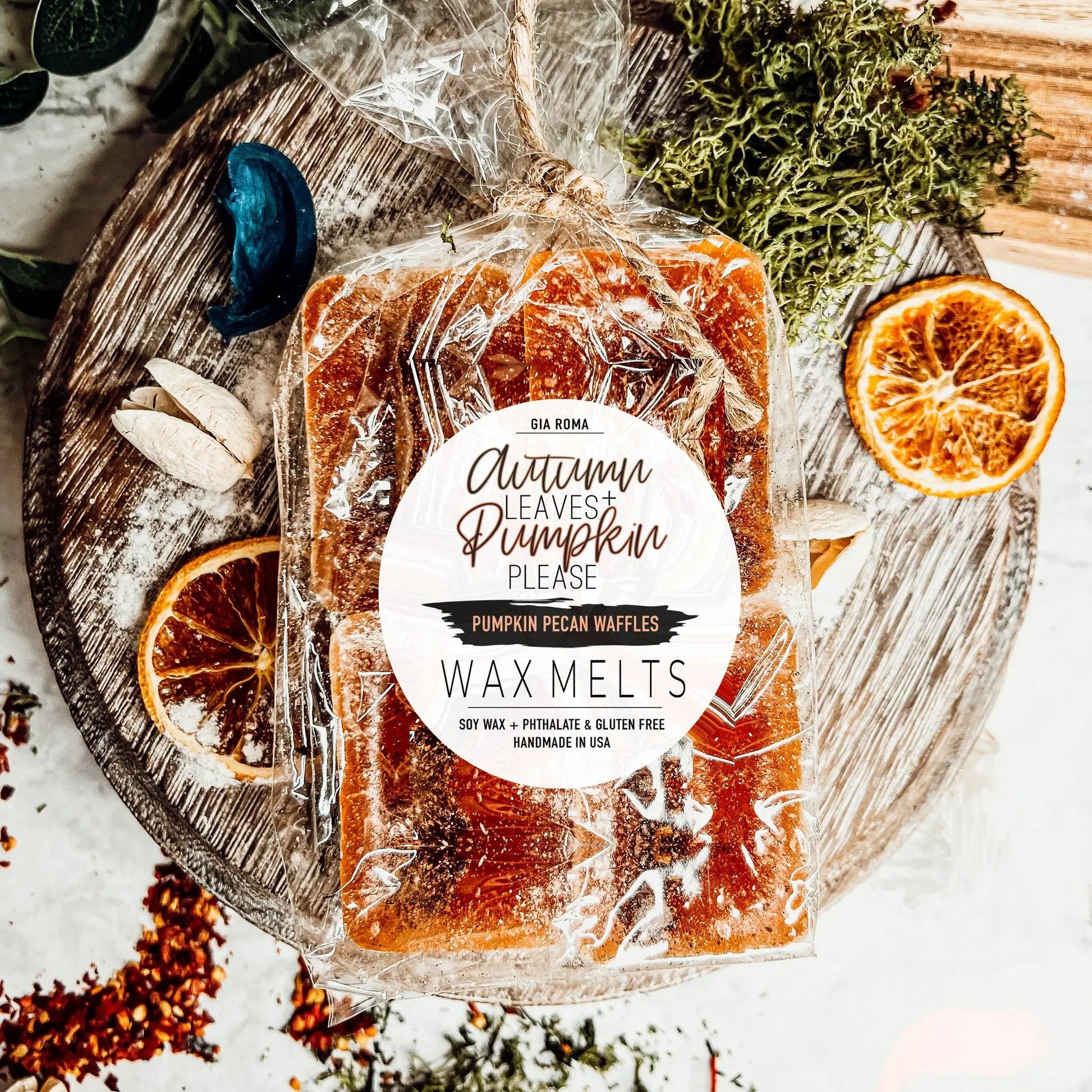 Autumn Pumpkin Pecan Waffles Wax Melts Gia Roma orange in clear bag on Tampa Home & Garden Store