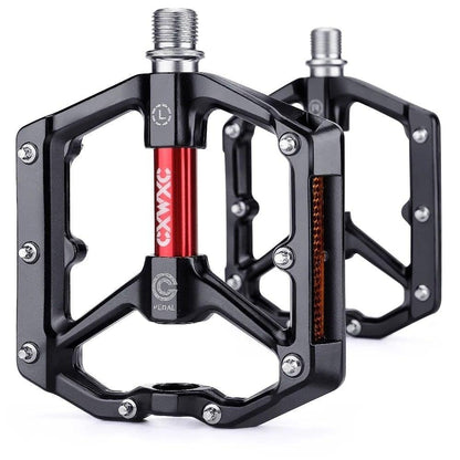 Stevvex aluminum flat platform bicycle pedals, black frame with red spindle, pair on Tampa Home & Garden Store