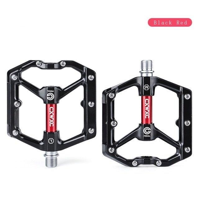 Stevvex aluminum bike pedals, black flat platform with red spindle, sealed bearings, pair on Tampa Home & Garden Store