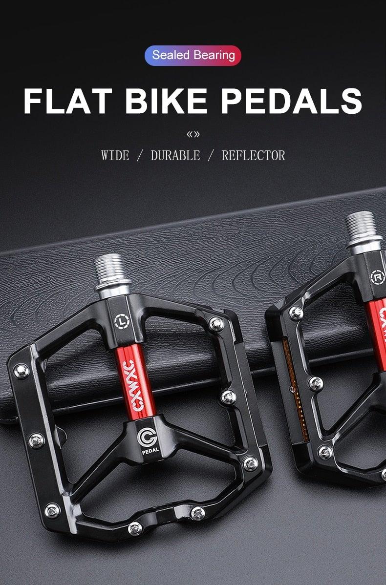 Stevvex flat bike pedals with aluminum body, sealed bearings, black with red axle pair on Tampa Home & Garden Store