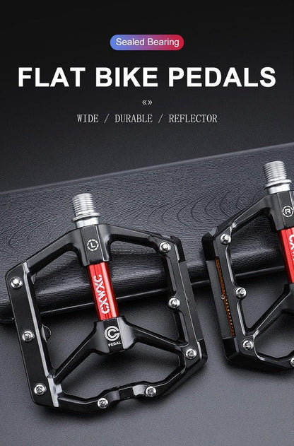 Stevvex flat bike pedals with aluminum body, sealed bearings, black with red axle pair on Tampa Home & Garden Store