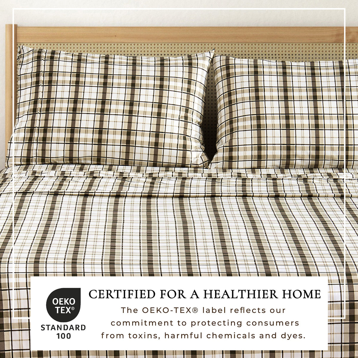 Printed Baylor Collection sheet set in beige-brown plaid with two pillows by Great Bay Home on Tampa Home & Garden Store