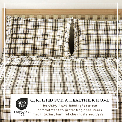 Printed Baylor Collection sheet set in beige-brown plaid with two pillows by Great Bay Home on Tampa Home & Garden Store