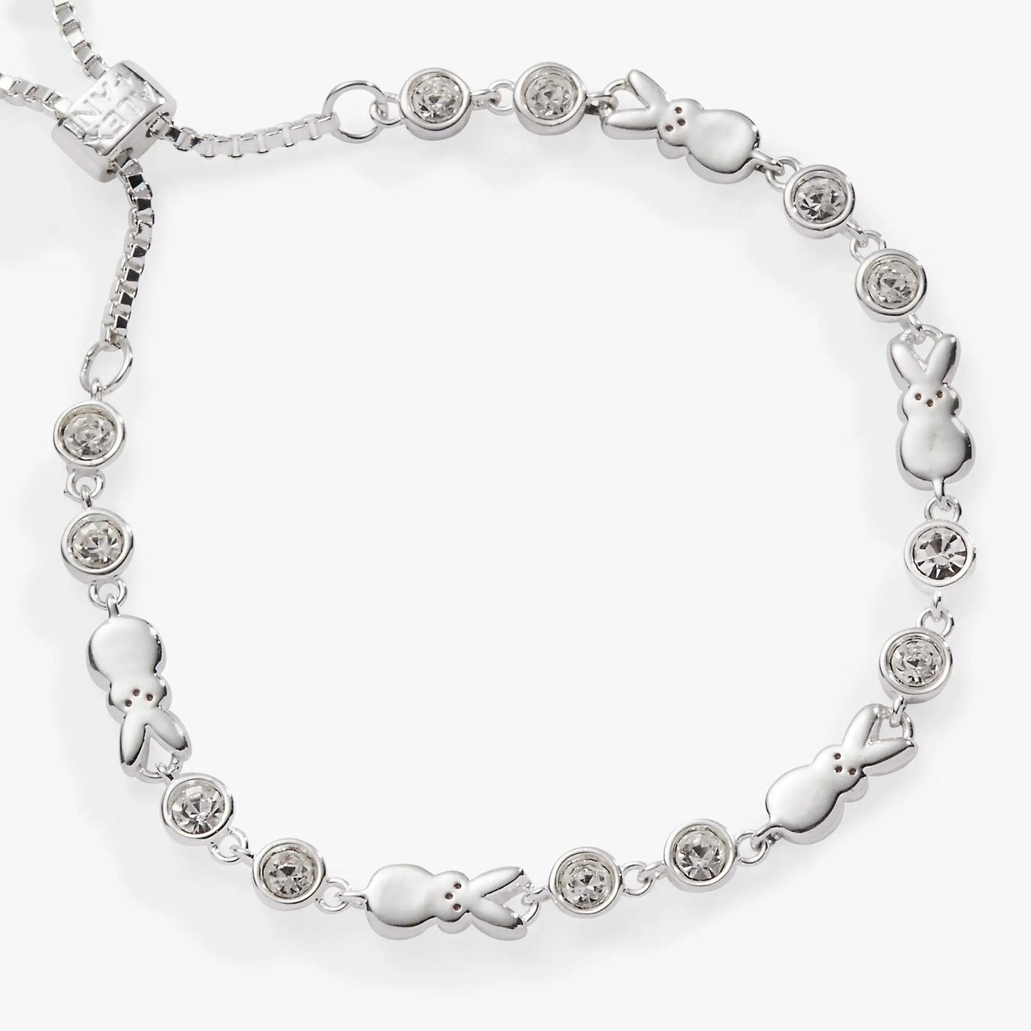 Peeps Bunny Bolo Bracelet by Alex and Ani in silver with crystal bezel discs and bunny charms on Tampa Home & Garden Store