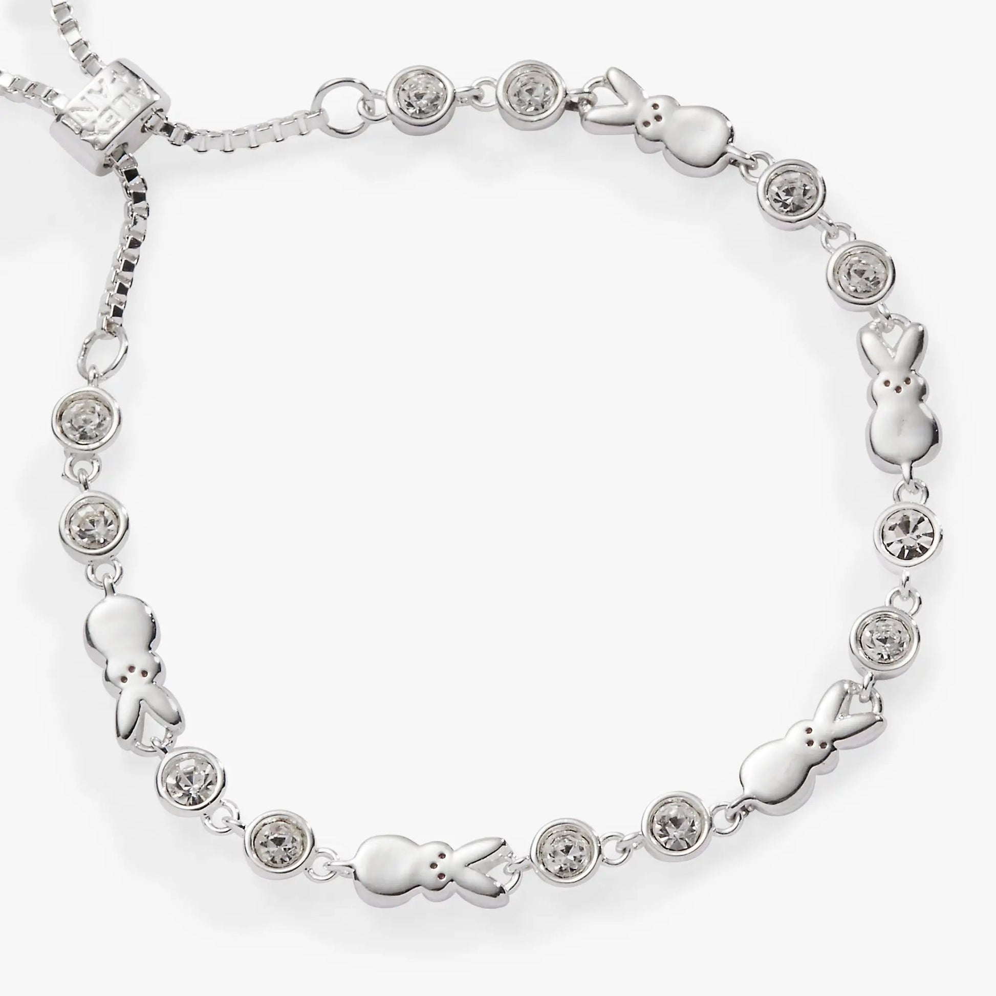 Peeps Bunny Bolo Bracelet by Alex and Ani in silver with crystal bezel discs and bunny charms on Tampa Home & Garden Store