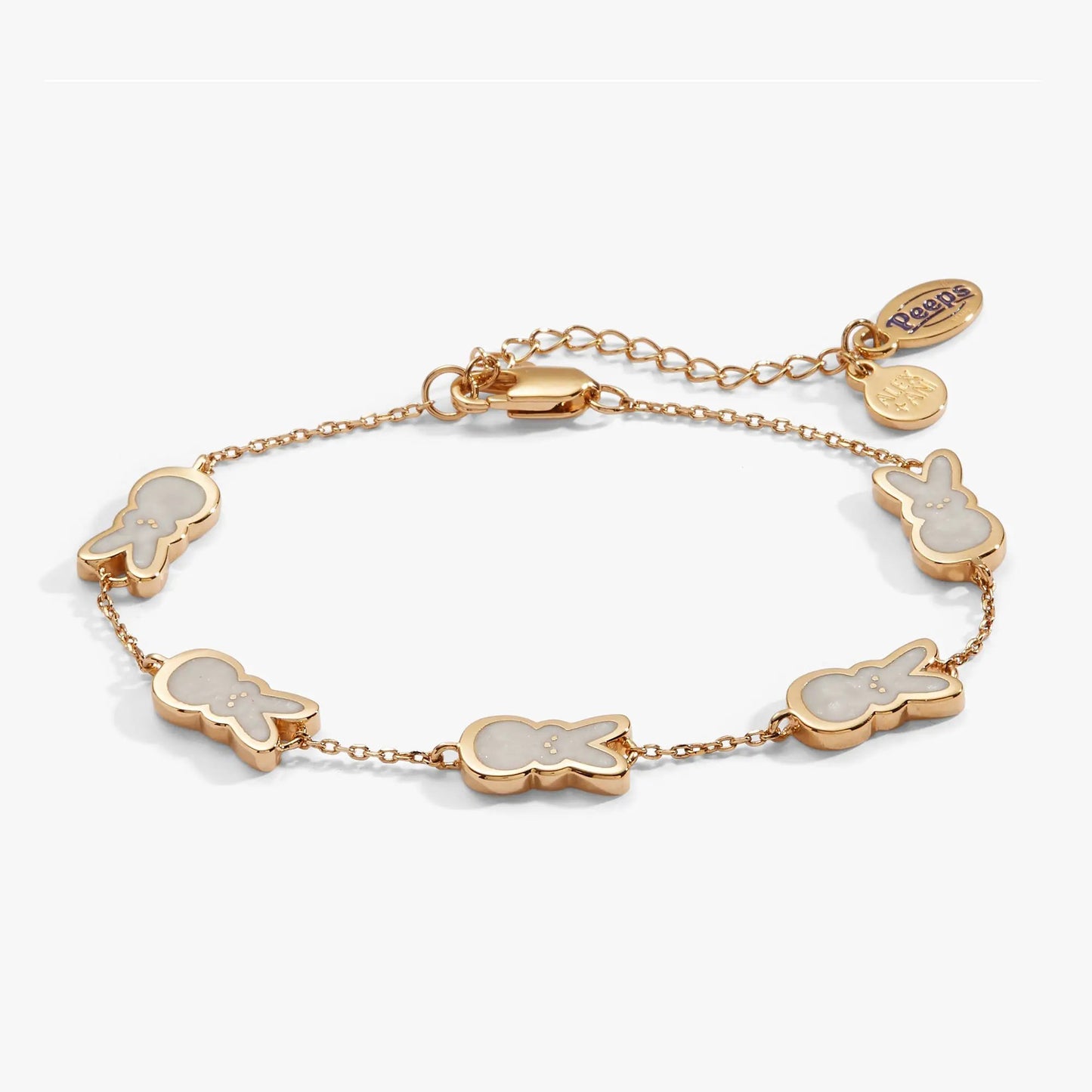 PEEPS Pearlized Bunny Charm Bracelet by ALEX AND ANI, gold-tone chain with white bunny charms on Tampa Home & Garden Store