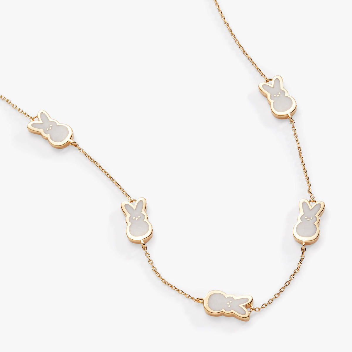 PEEPS Pearlized Bunny Charm Necklace by ALEX AND ANI in gold-tone with grey enamel bunnies on Tampa Home & Garden Store