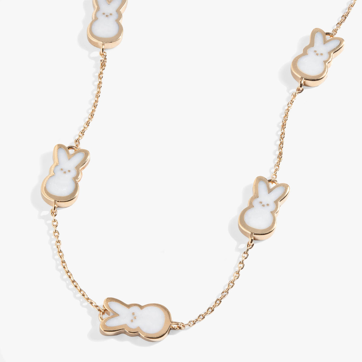 PEEPS Pearlized Bunny Charm Necklace by ALEX AND ANI, gold-tone chain with white bunny charms on Tampa Home & Garden Store