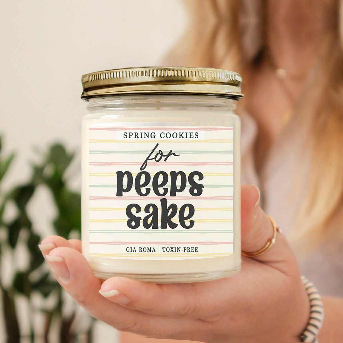 Easter Cookie Candle by Gia Roma in clear glass jar with pastel striped label and metal lid on Tampa Home & Garden Store