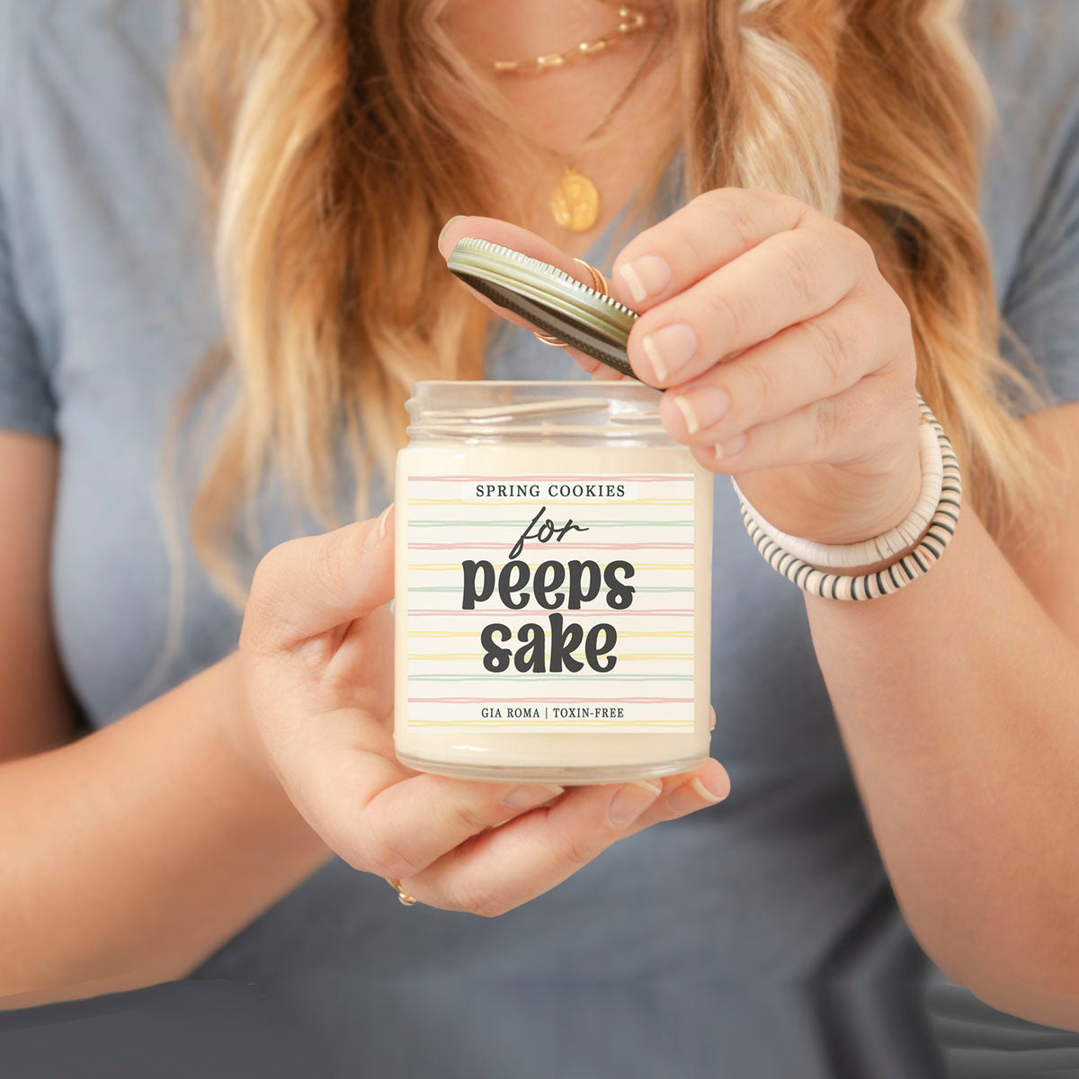 Easter Cookie Candle by Gia Roma with pastel striped label and metal lid on Tampa Home & Garden Store