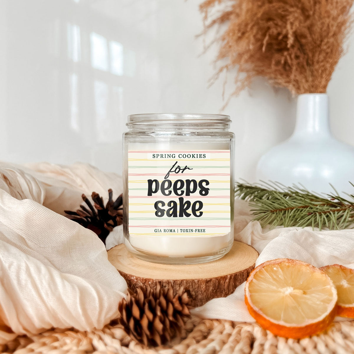 Easter Cookie Candle by Gia Roma, clear glass jar with pastel striped label on Tampa Home & Garden Store