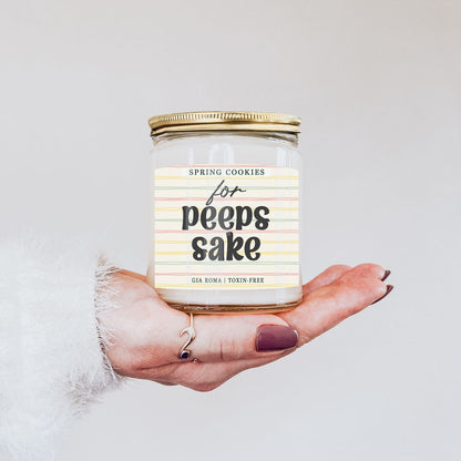Easter Cookie Candle Gia Roma in a clear glass jar with pastel striped label and gold lid on Tampa Home & Garden Store