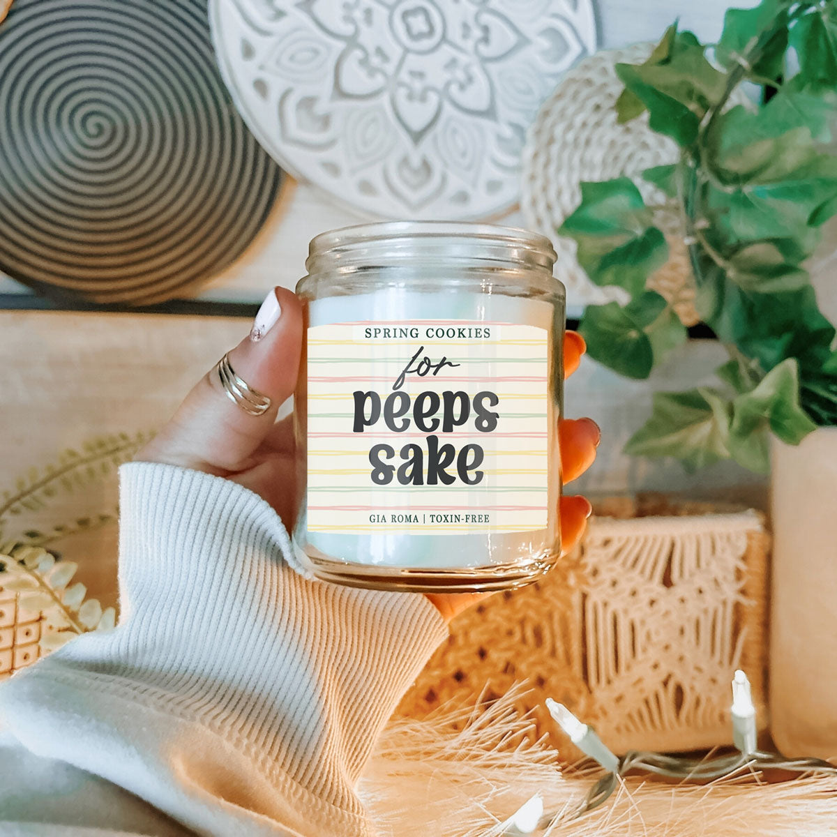 Easter Cookie Candle by Gia Roma in a clear glass jar with pastel striped label on Tampa Home & Garden Store