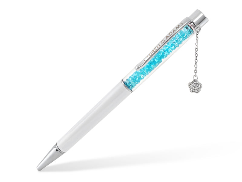 Lauren G Adams Pen white body, silver trim, turquoise crystal window, branded clip, flower charm on Tampa Home & Garden Store