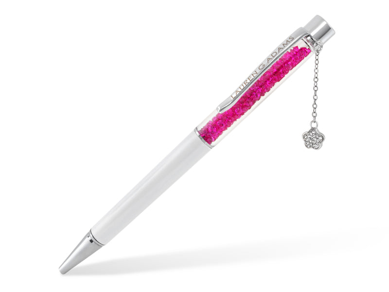 Lauren G Adams Pen white body with pink crystal inlay and silver clip charm on Tampa Home & Garden Store