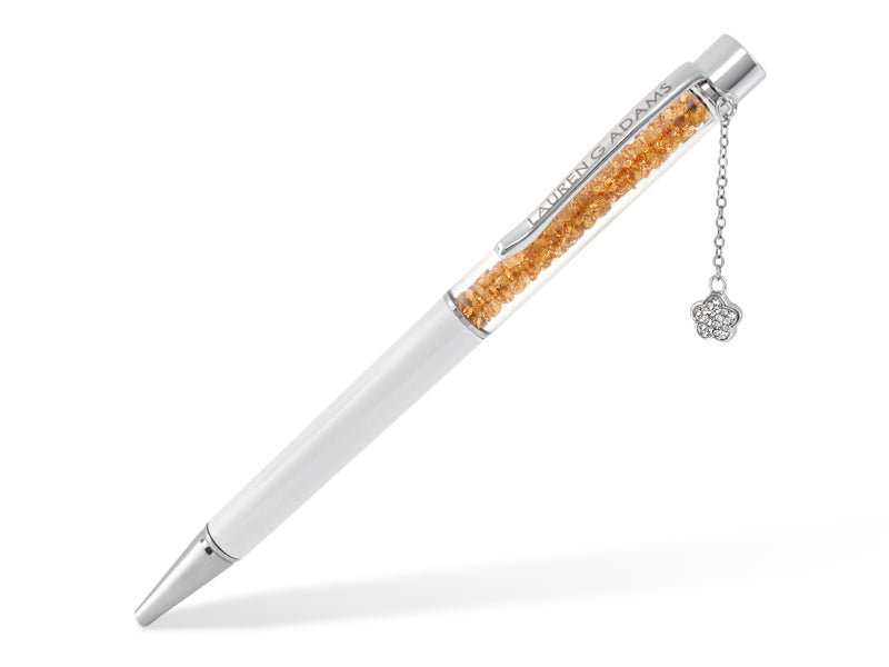 Lauren G Adams Pen white silver body with clear bead-filled barrel and crystal charm on Tampa Home & Garden Store