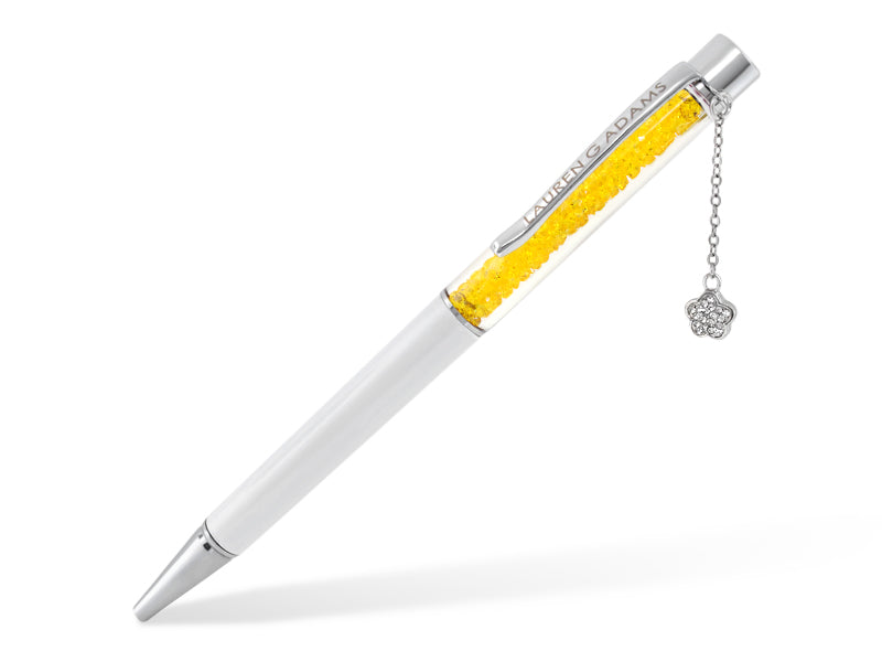 Lauren G Adams pen white body yellow crystal barrel silver trim on cap on Tampa Home & Garden Store