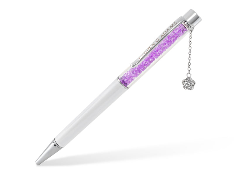 Lauren G Adams Pen white barrel with clear purple glitter inlay and silver clip on Tampa Home & Garden Store