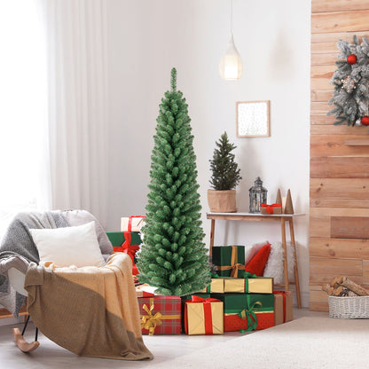 Pencil Christmas Tree, tall green artificial tree with memory wire tips, shown with wrapped gifts on Tampa Home & Garden Store