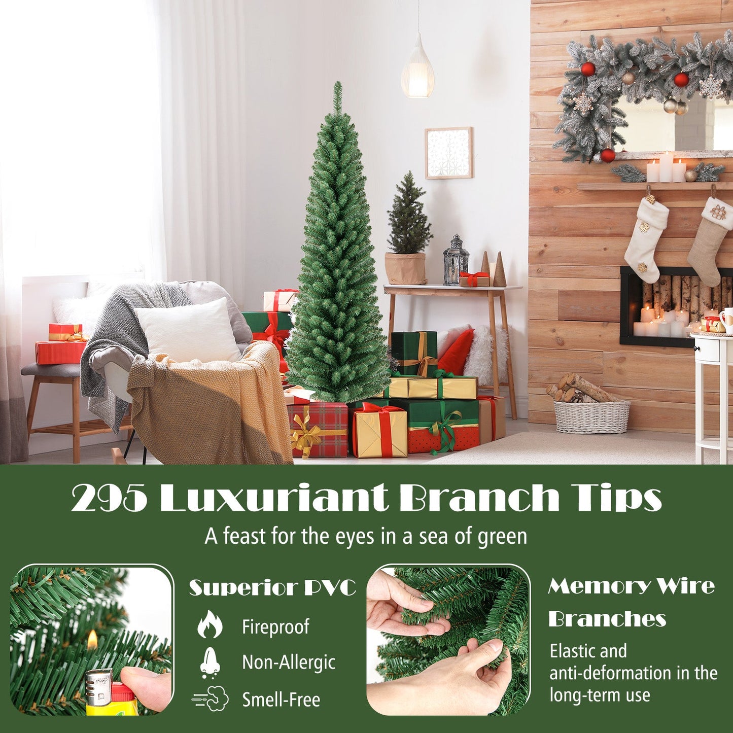Pencil Christmas Tree with memory wire tips, green tree, warm LED lights by DirectDeals on Tampa Home & Garden Store