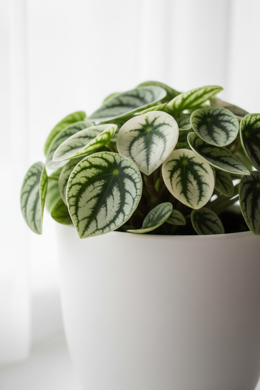 Peperomia Watermelon Variegated plant, green cream leaves in white pot Rooted Treasures Farms on Tampa Home & Garden Store