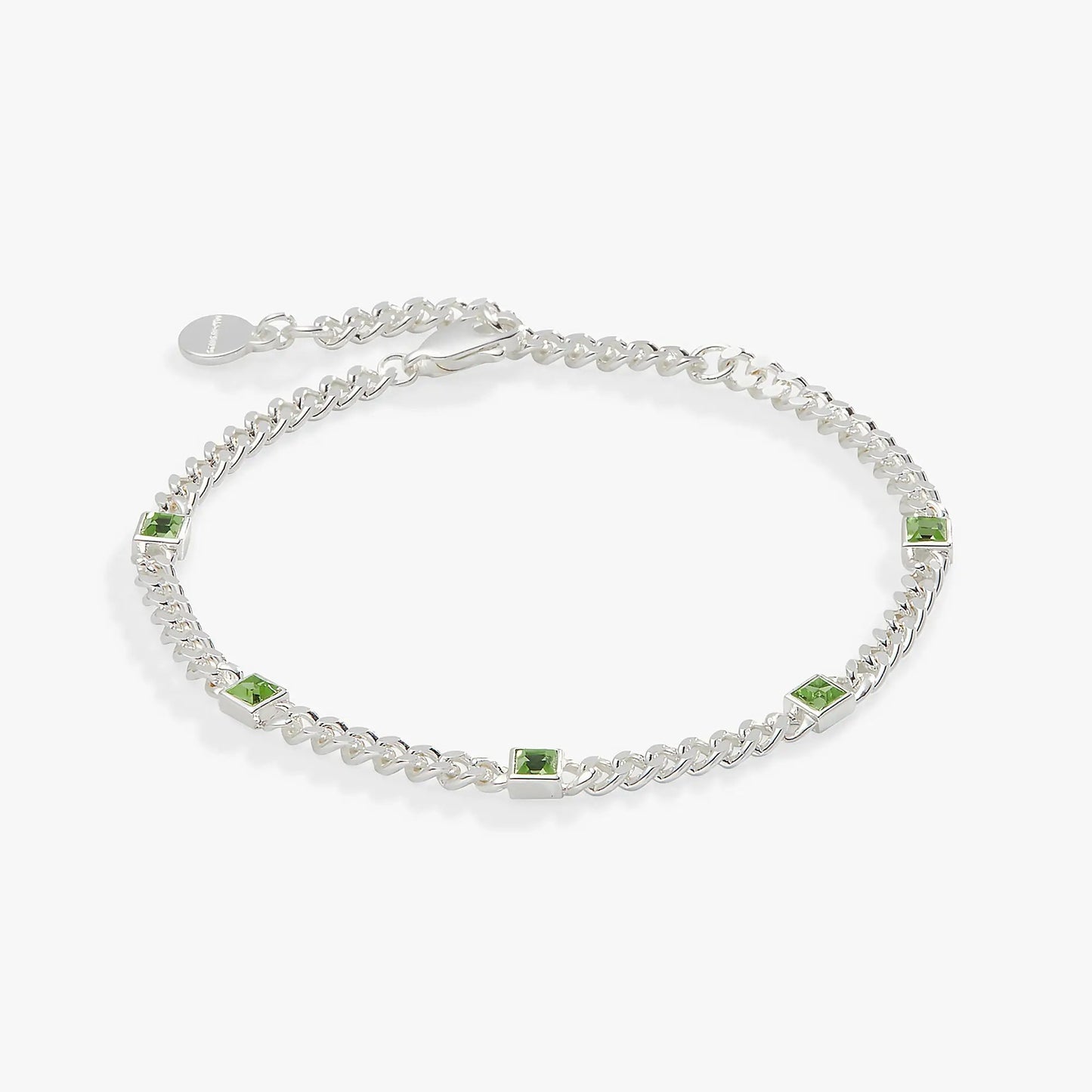 August Birthstone Peridot Curb Chain Bracelet by ALEX AND ANI; silver-tone chain with peridot on Tampa Home & Garden Store