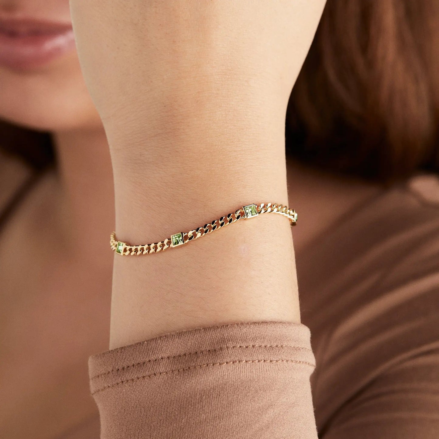 Bracelet August birthstone peridot curb chain by ALEX AND ANI with green stones on gold on Tampa Home & Garden Store