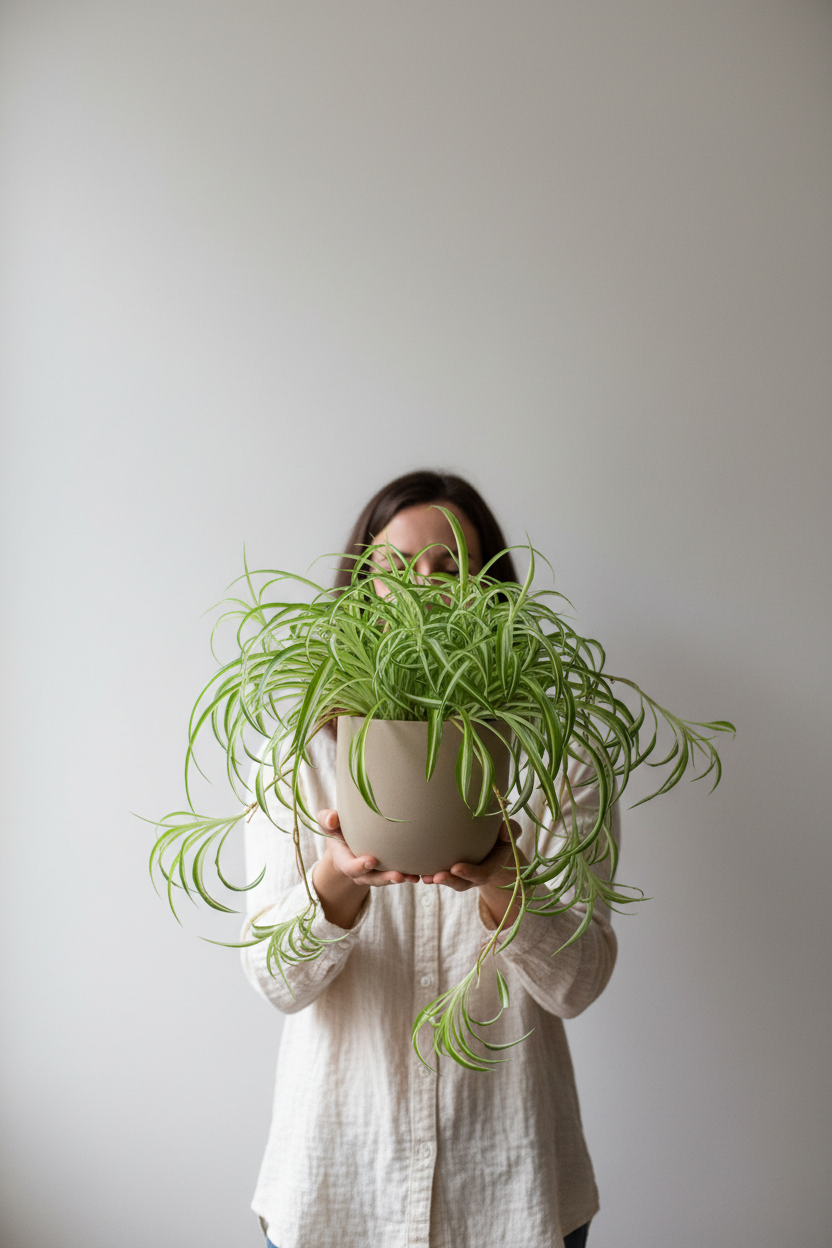 Spider Plant Bonnie potted houseplant with arching green leaves in beige pot on Tampa Home & Garden Store
