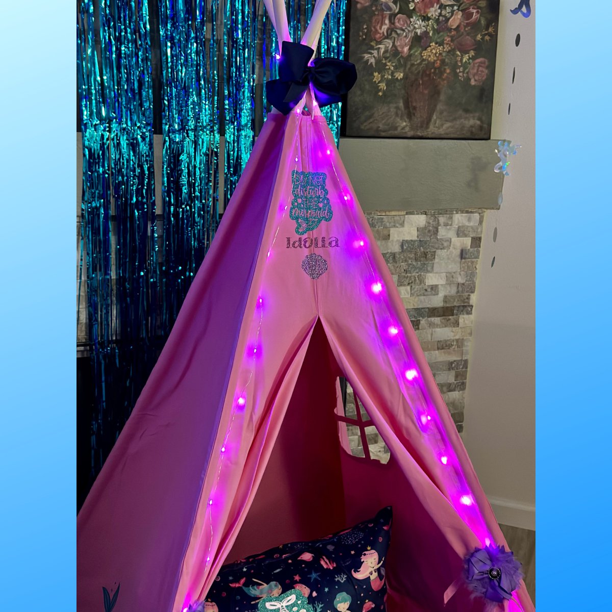 Mermaid Teepee Tent Gift Set pink play tent with purple LED fairy lights and pillow bed included on Tampa Home & Garden Store