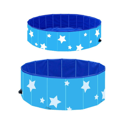 Foldable blue pet bathing tub with white star print, side drain valve, portable dog and cat pool on Tampa Home & Garden Store