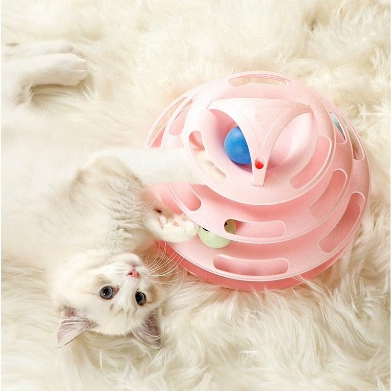 Stevvex interactive triple-disc cat toy pink tumbler with moving balls, kitten playing on Tampa Home & Garden Store