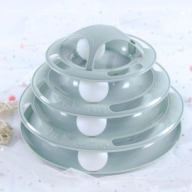 Stevvex interactive cat toy puzzle tower with grey plastic tiers and white rolling balls on Tampa Home & Garden Store