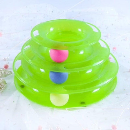 Stevvex interactive cat toy Triple Disc tumbler tower green with pink, blue and cream balls on Tampa Home & Garden Store