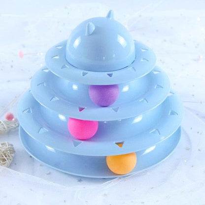 Blue Stevvex multi-tier disc tumbler cat toy with moving balls for interactive play on Tampa Home & Garden Store