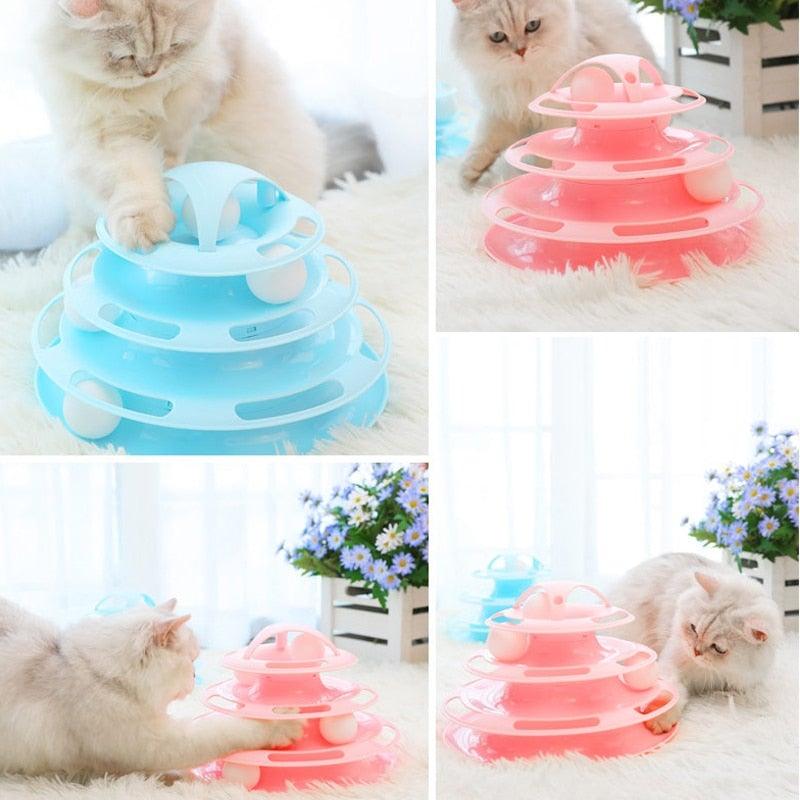 Stevvex triple-disc cat toy interactive puzzle tower in pink and blue with rolling balls on Tampa Home & Garden Store