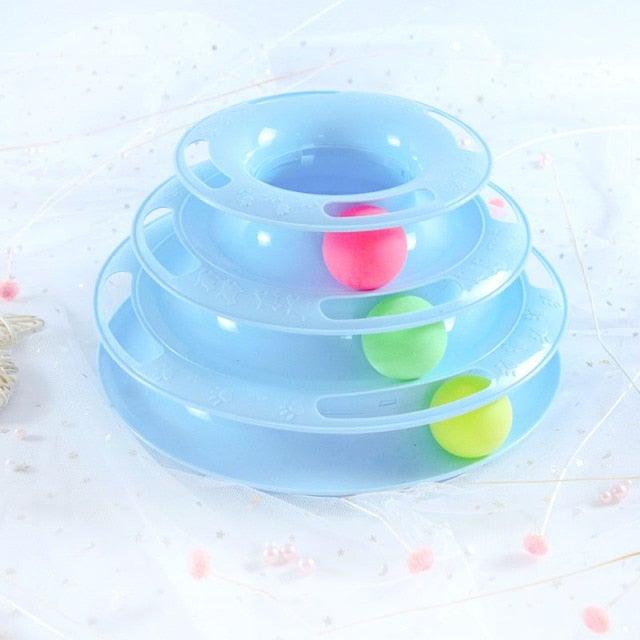Stevvex triple-disc cat toy tumbler in blue with colorful balls for interactive play on Tampa Home & Garden Store