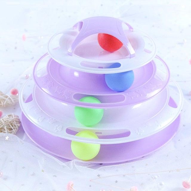 Interactive cat toy Stevvex with purple tiered track maze and colorful balls on Tampa Home & Garden Store