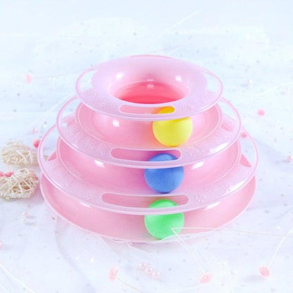 Stevvex pink triple-disc cat toy tumbler with colorful balls for interactive play on Tampa Home & Garden Store